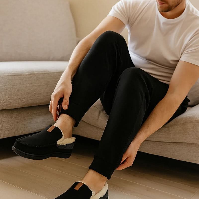 Warm Men's Suede Moccasin Slippers — Slip-On Design, Fleece Lining, Rubber Sole