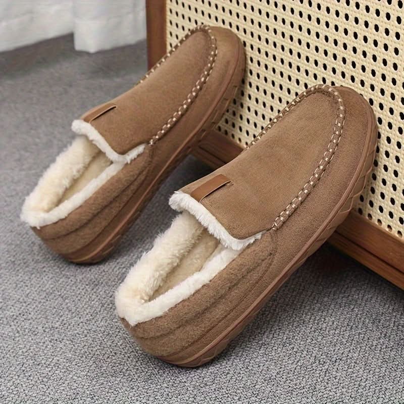 Warm Men's Suede Moccasin Slippers — Slip-On Design, Fleece Lining, Rubber Sole