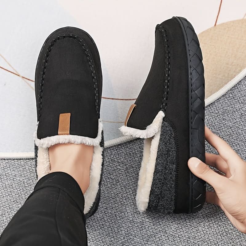 Warm Men's Suede Moccasin Slippers — Slip-On Design, Fleece Lining, Rubber Sole