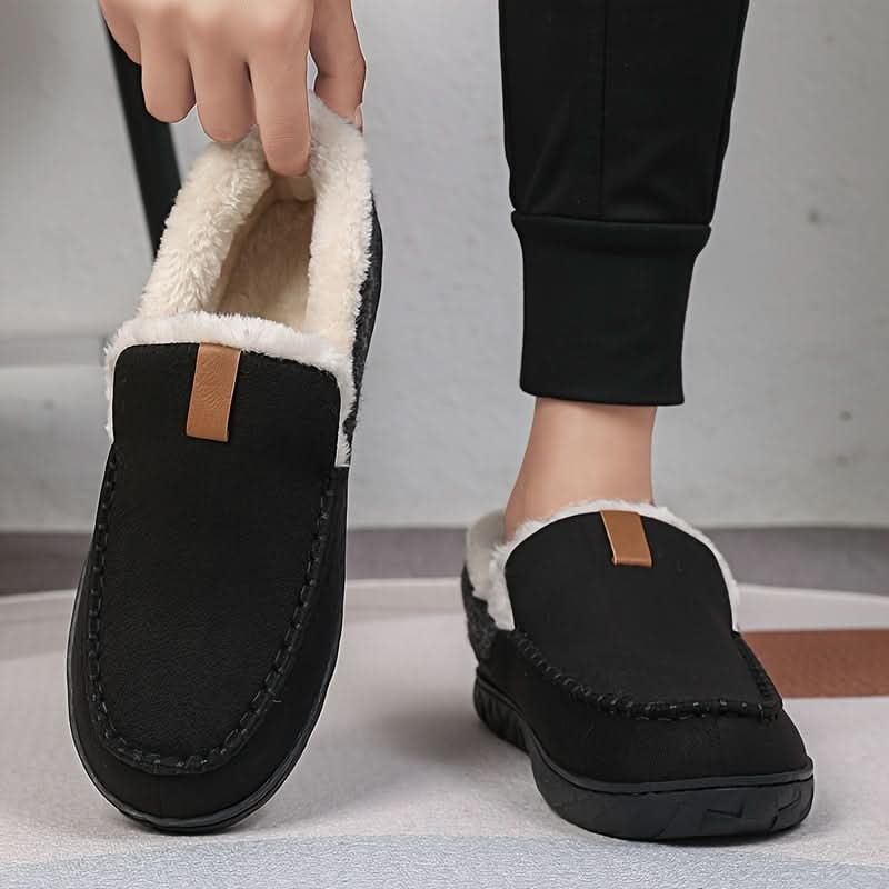 Warm Men's Suede Moccasin Slippers — Slip-On Design, Fleece Lining, Rubber Sole