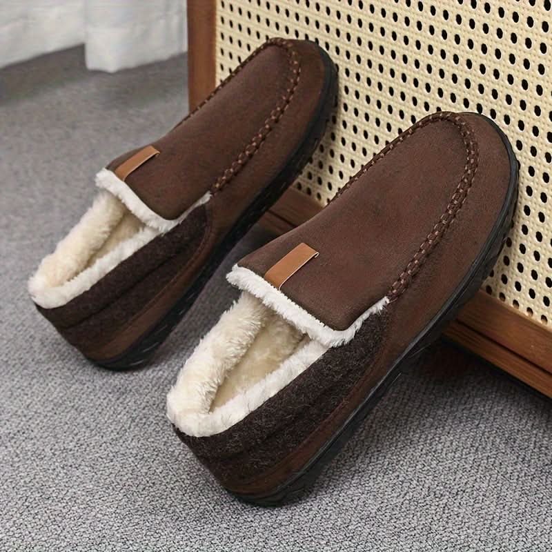 Warm Men's Suede Moccasin Slippers — Slip-On Design, Fleece Lining, Rubber Sole