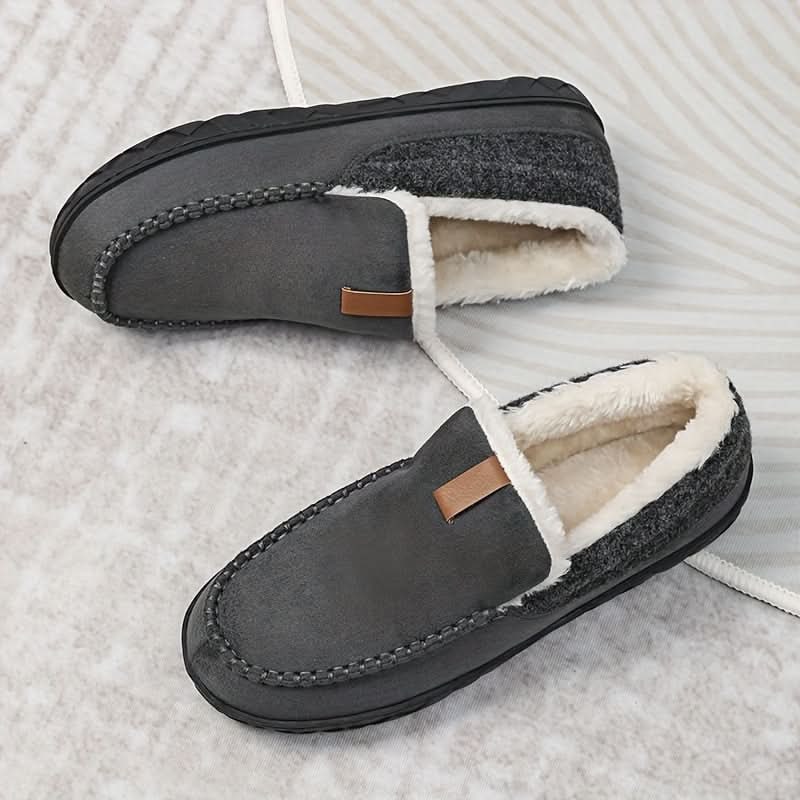 Warm Men's Suede Moccasin Slippers — Slip-On Design, Fleece Lining, Rubber Sole
