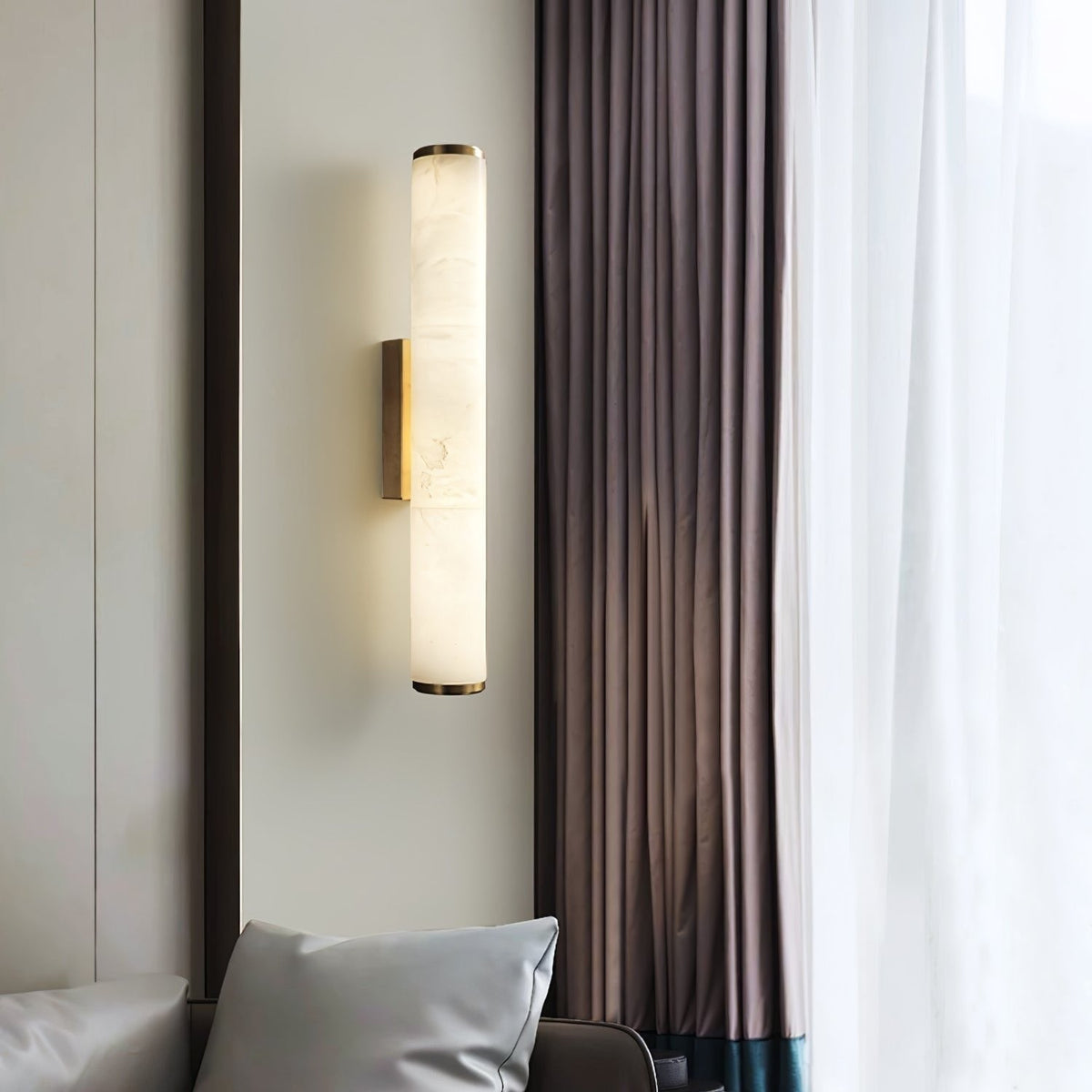 Minimalist Wall Sconce — Marble Cylinder Shade Flush Mount Brass Finish