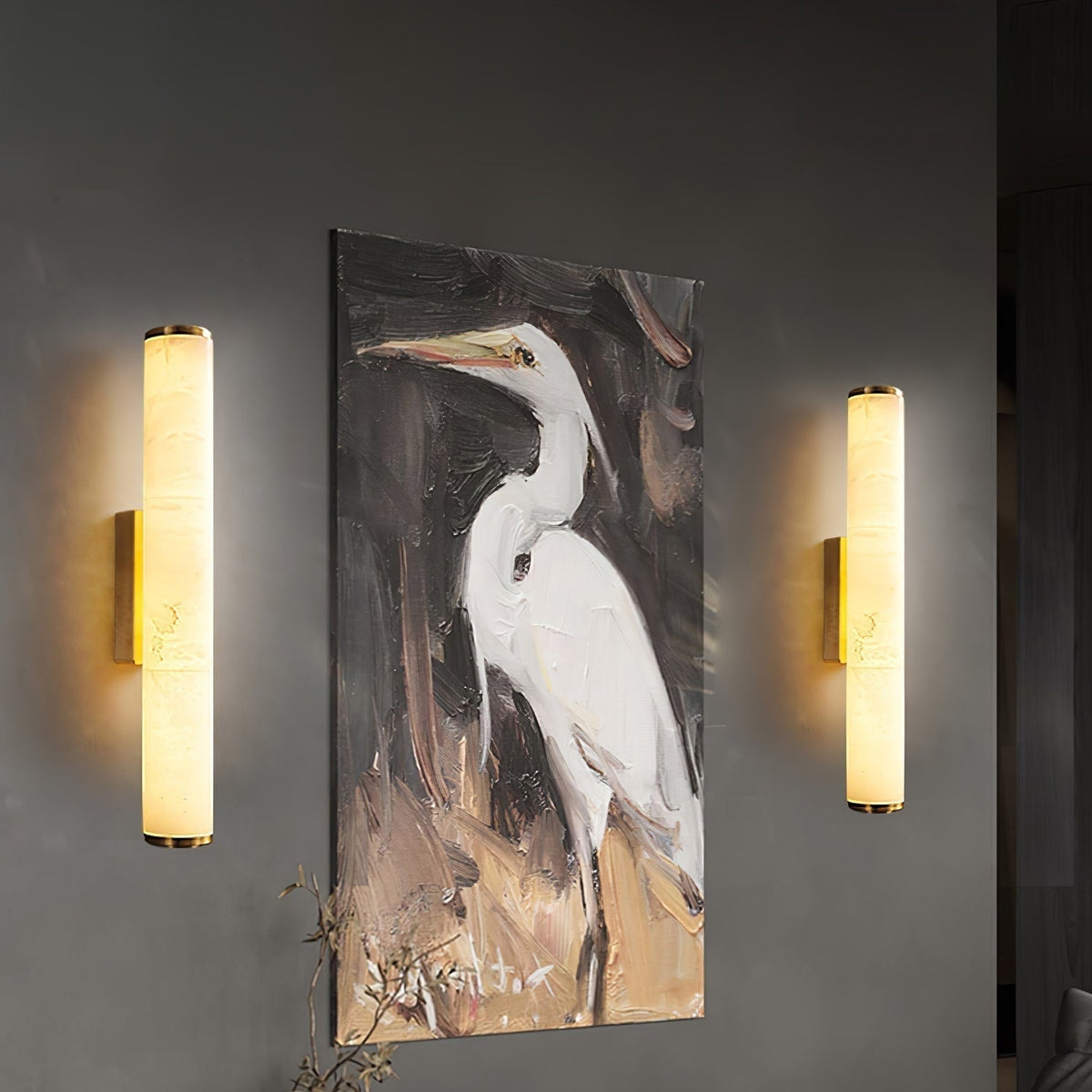 Minimalist Wall Sconce — Marble Cylinder Shade Flush Mount Brass Finish