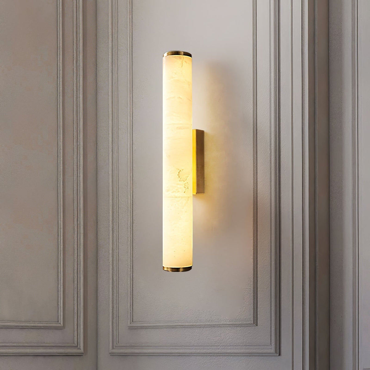 Minimalist Wall Sconce — Marble Cylinder Shade Flush Mount Brass Finish