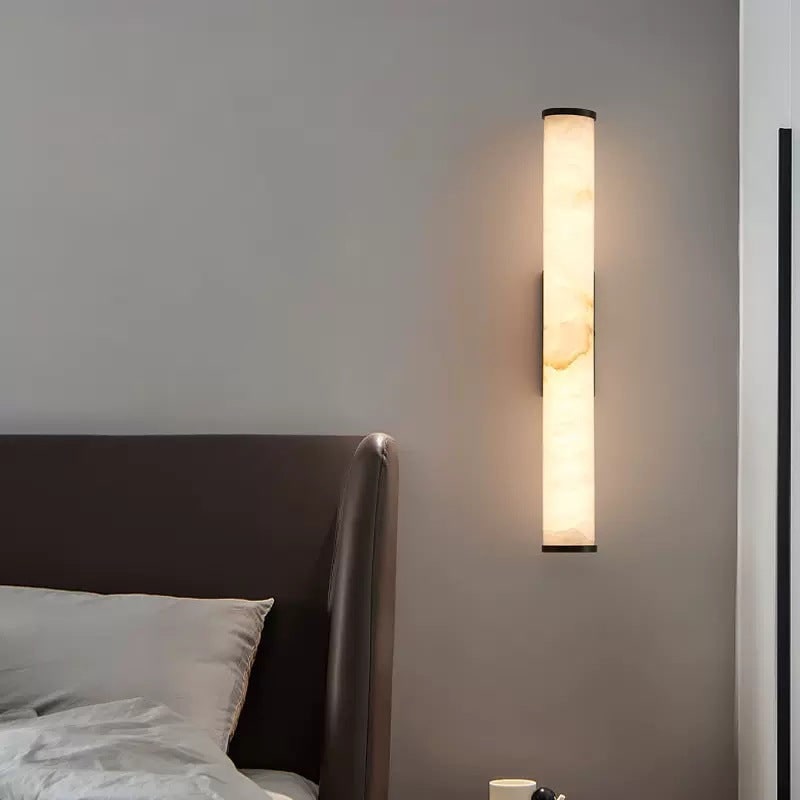 Minimalist Wall Sconce — Marble Cylinder Shade Flush Mount Brass Finish