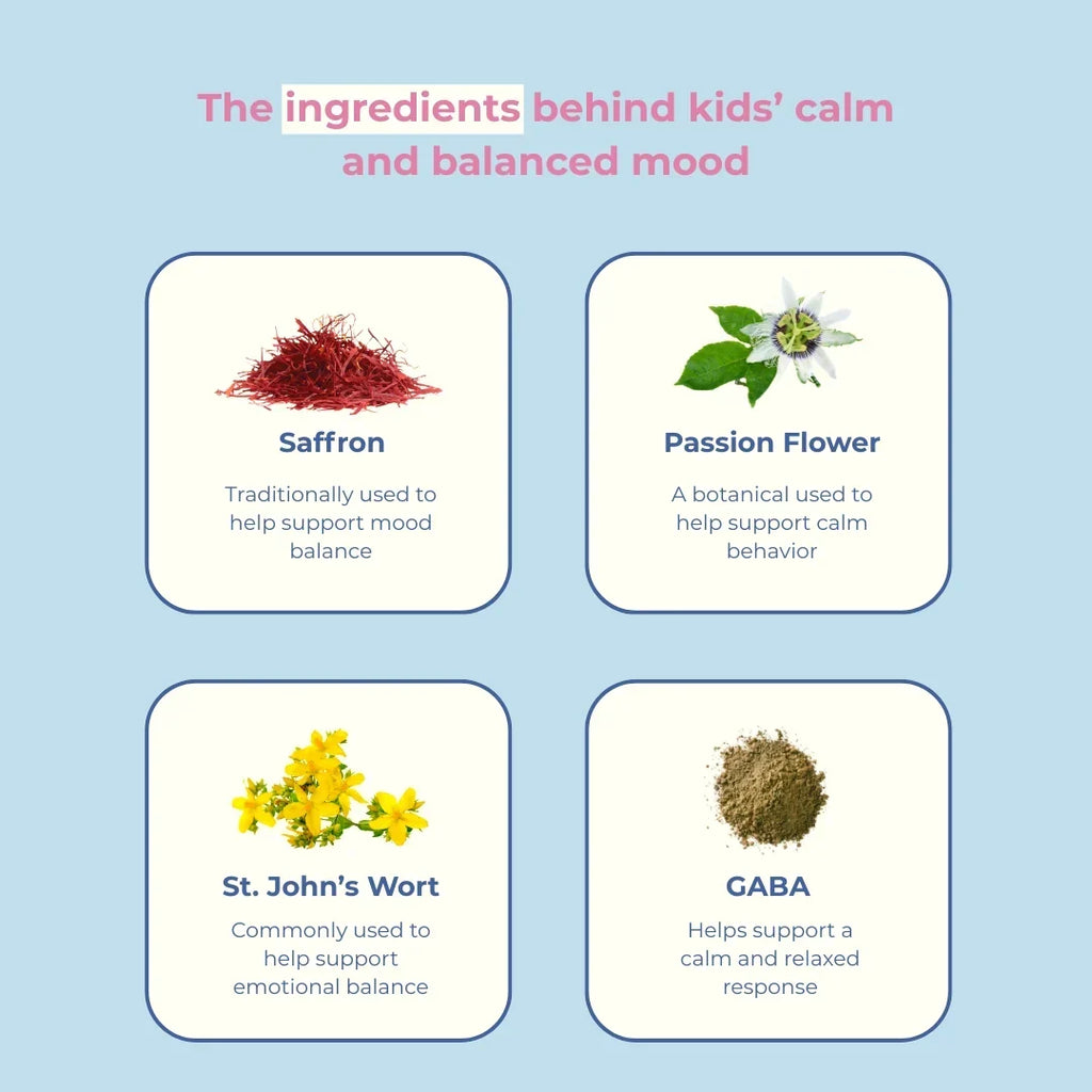 Mood Munchies, gommes au safran pour enfants, calme, concentration et équilibre