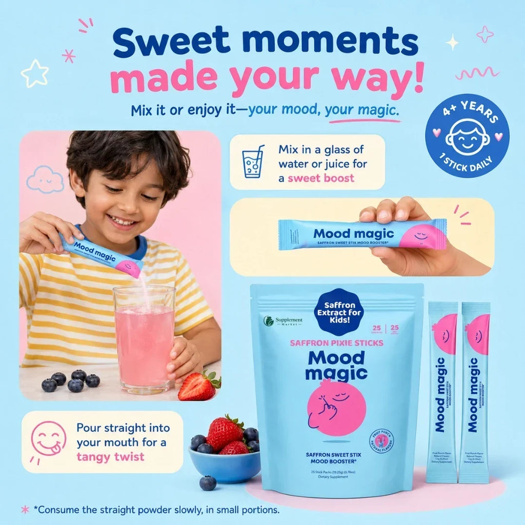 Mood Magic sáfrányos Pixie Stix gyermekeknek, cukormentes támogatás a figyelemhez