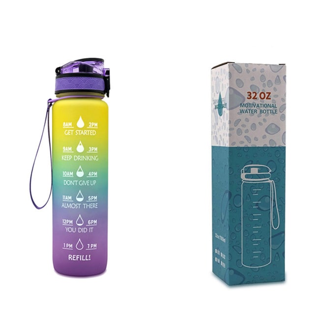 Motivoiva 32 Oz:n vesipullo, hedelmähaudutin, aika-asteikko, käännettävä kansi, inspiroiva painatus