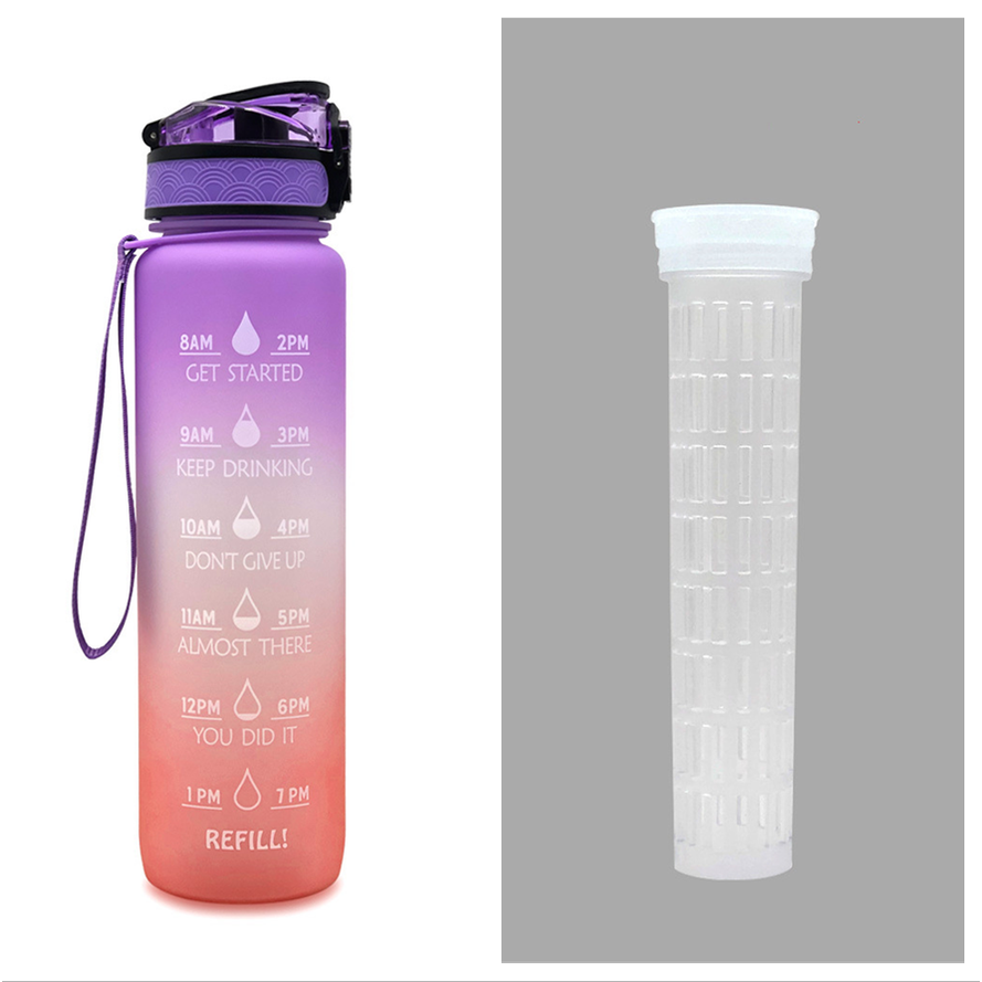 Motivoiva 32 Oz:n vesipullo, hedelmähaudutin, aika-asteikko, käännettävä kansi, inspiroiva painatus