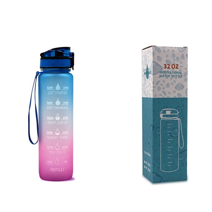 Motivational 32 Oz Water Bottle Fruit Infuser Time Markers Flip Top Lid Inspirational Print Design