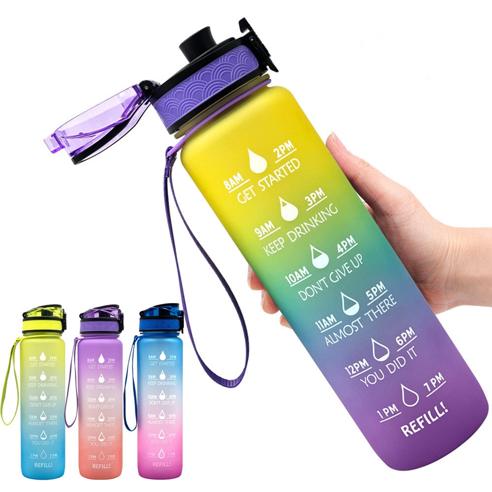 Motivoiva 32 Oz:n vesipullo, hedelmähaudutin, aika-asteikko, käännettävä kansi, inspiroiva painatus