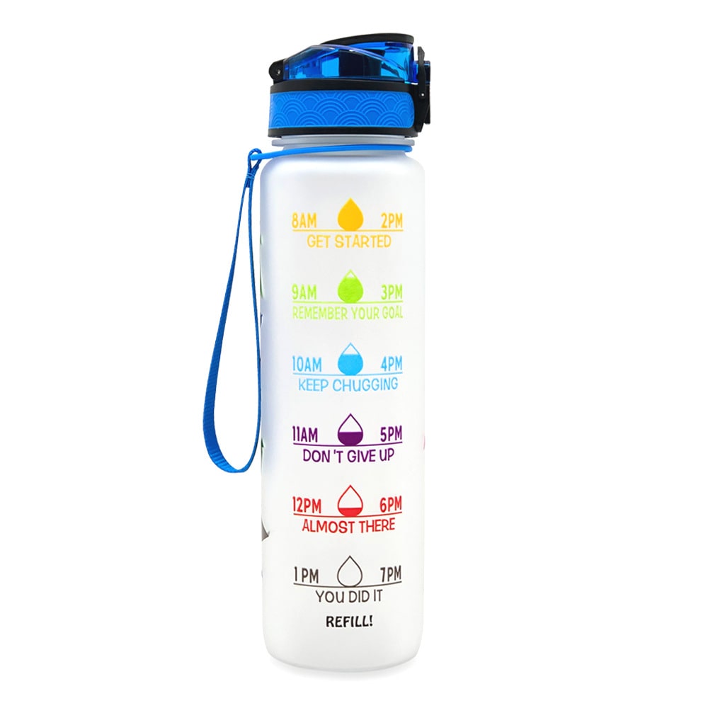 Motivoiva 32 Oz:n vesipullo, hedelmähaudutin, aika-asteikko, käännettävä kansi, inspiroiva painatus