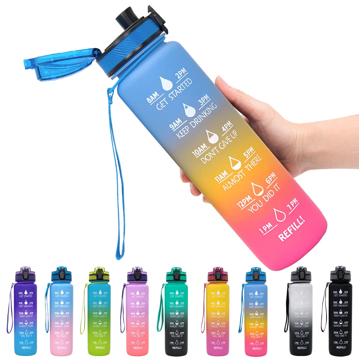 Motivational 32 Oz Water Bottle Fruit Infuser Time Markers Flip Top Lid Inspirational Print Design