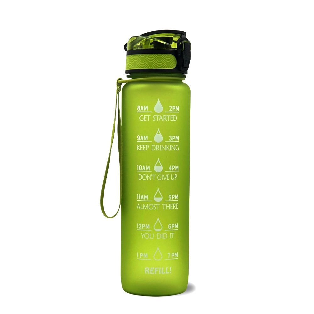 Motivational 32 Oz Water Bottle Fruit Infuser Time Markers Flip Top Lid Inspirational Print Design