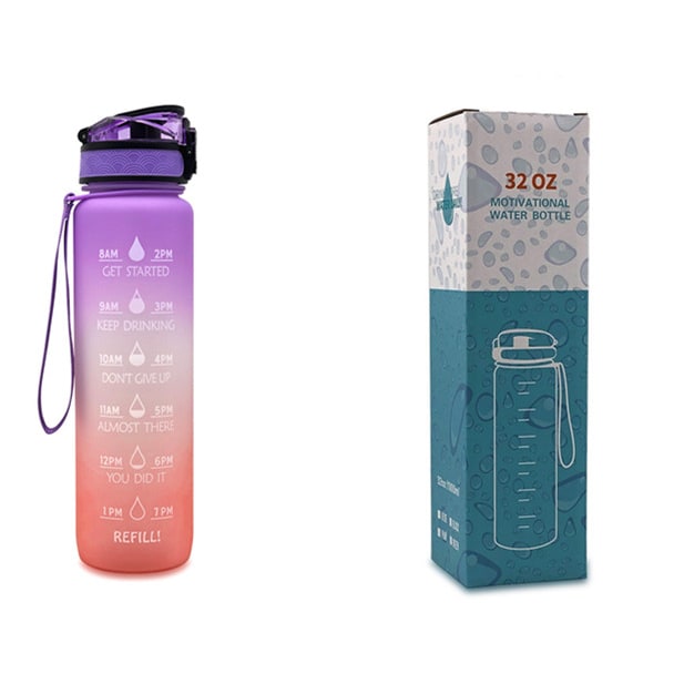 Motivoiva 32 Oz:n vesipullo, hedelmähaudutin, aika-asteikko, käännettävä kansi, inspiroiva painatus