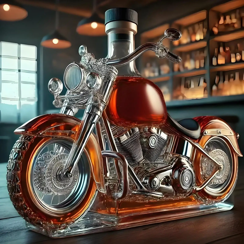 Skreddersydd whiskydekanter i motorsykkelform med svart kork og støpte motordetaljer
