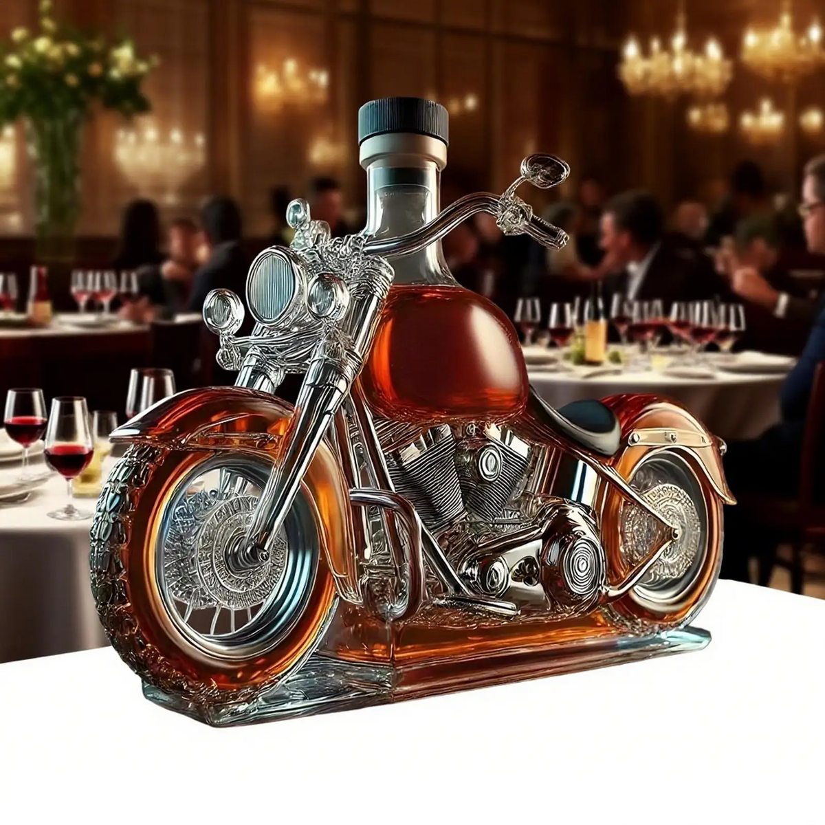 Custom Motorcycle Glass Whiskey Decanter, Black Cap, Molded Engine Details