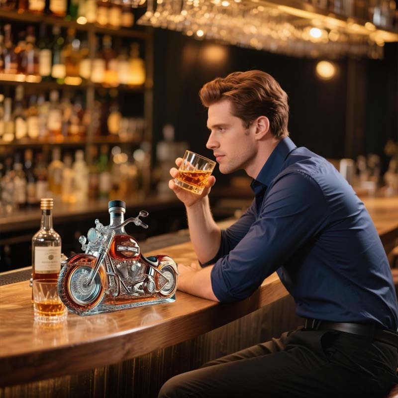 Custom Motorcycle Glass Whiskey Decanter, Black Cap, Molded Engine Details