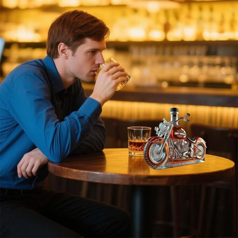 Custom Motorcycle Glass Whiskey Decanter, Black Cap, Molded Engine Details