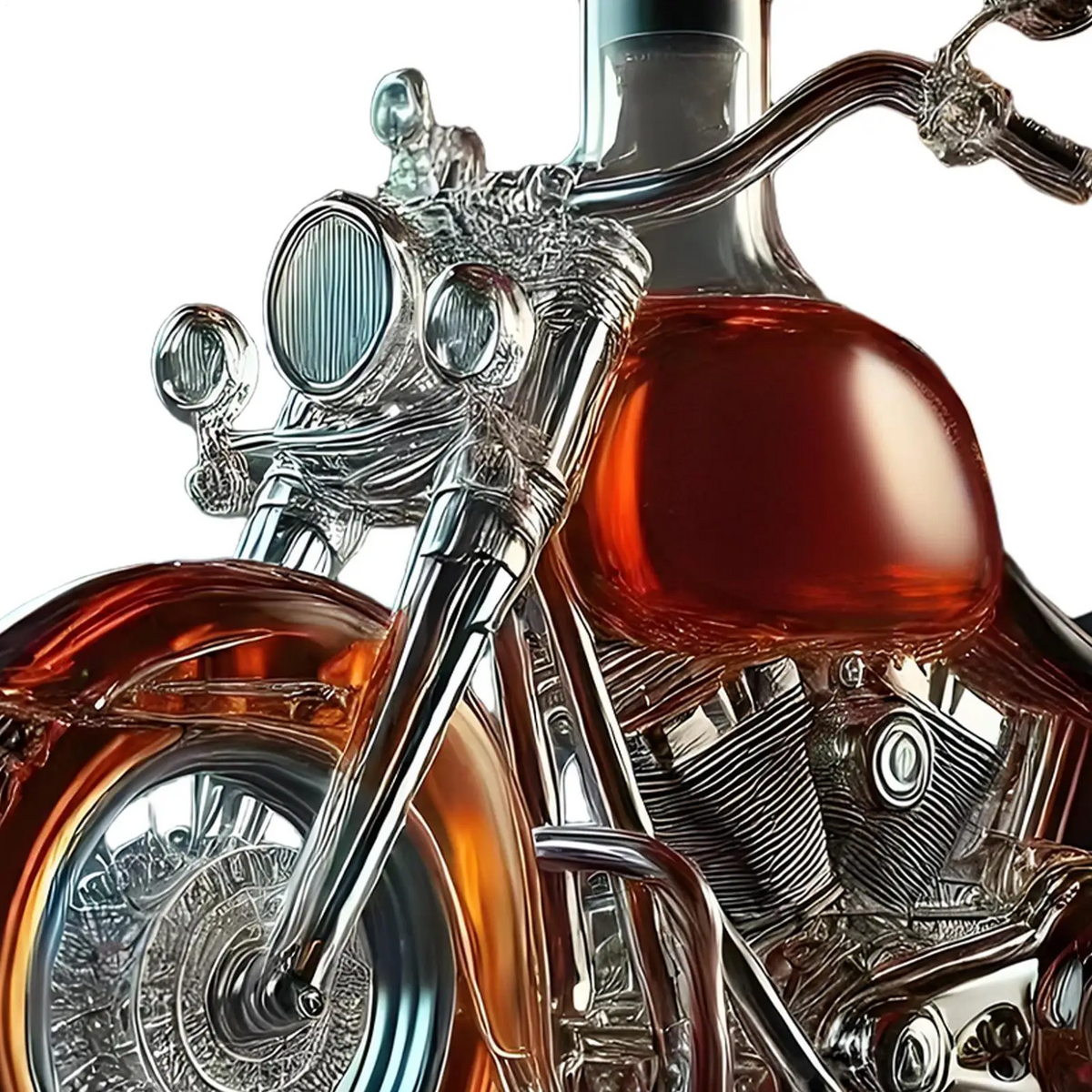Skreddersydd whiskydekanter i motorsykkelform med svart kork og støpte motordetaljer