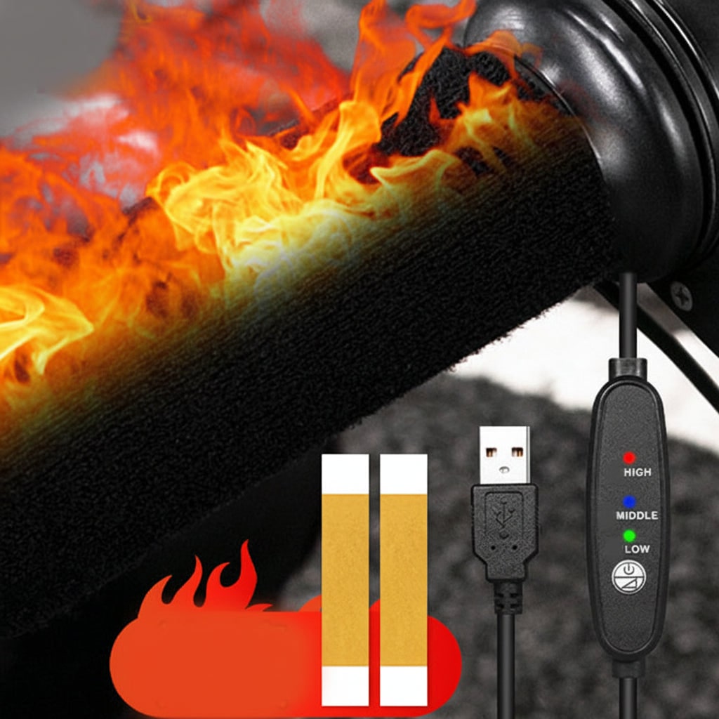 مقابض مُدفأة للدراجات النارية تعمل بالطاقة عبر USB — تحكم ثابت بدرجة الحرارة وأغطية قماشية غير قابلة للانزلاق