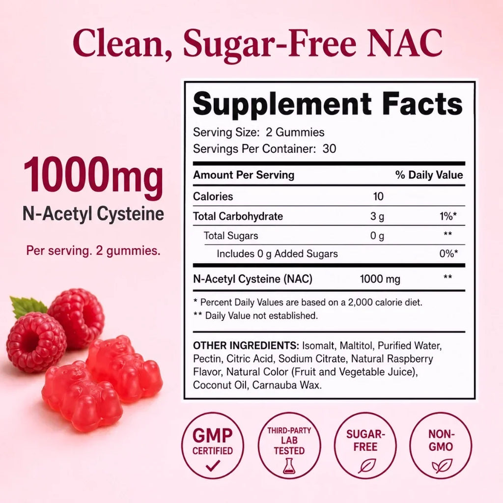 NAC 1000mg-gummies — antioxidantstöd samt stöd för lever och andningsvägar