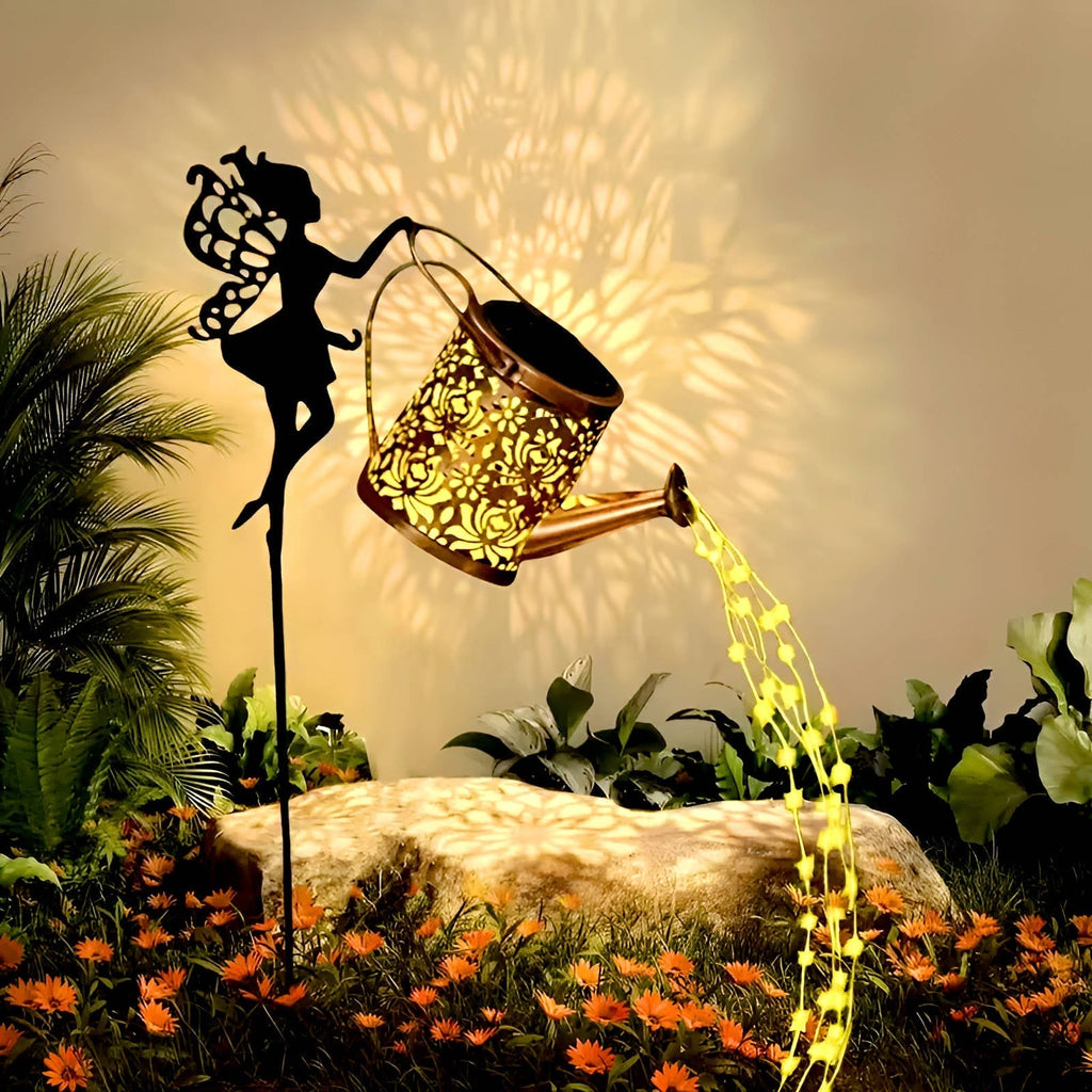 Outdoor Solar Metal Watering Can Garden Light, Cascading Copper LED String