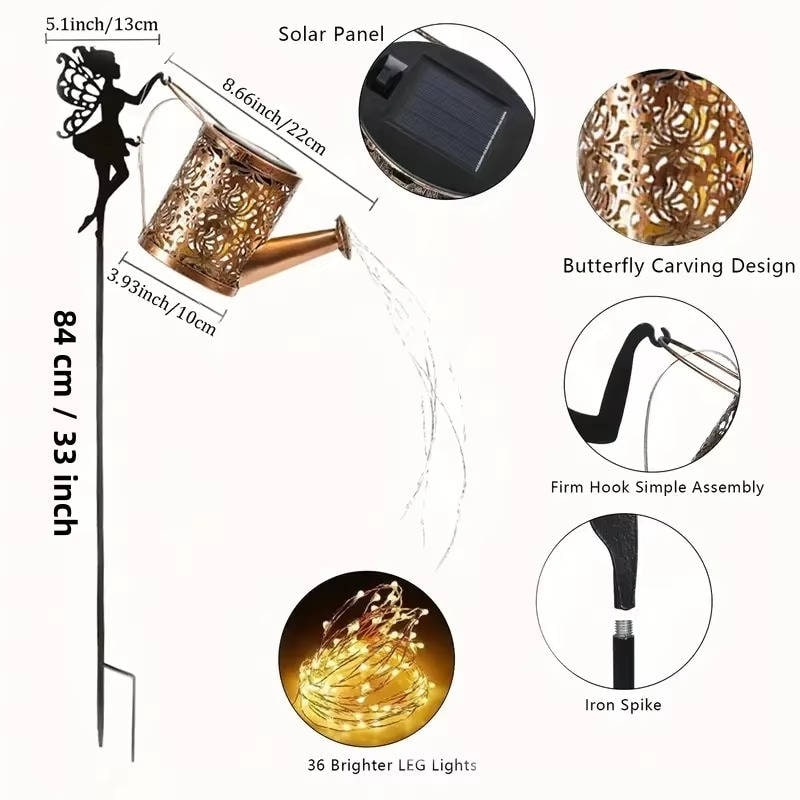 Outdoor Solar Metal Watering Can Garden Light, Cascading Copper LED String