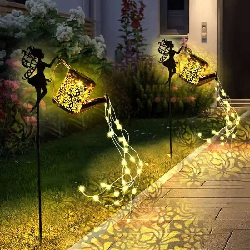 Outdoor Solar Metal Watering Can Garden Light, Cascading Copper LED String