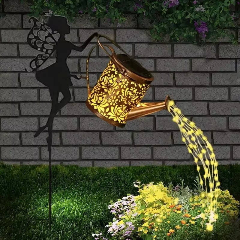 Outdoor Solar Metal Watering Can Garden Light, Cascading Copper LED String
