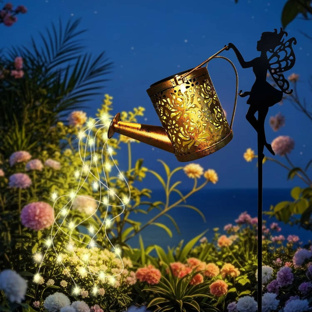 Outdoor Solar Metal Watering Can Garden Light, Cascading Copper LED String