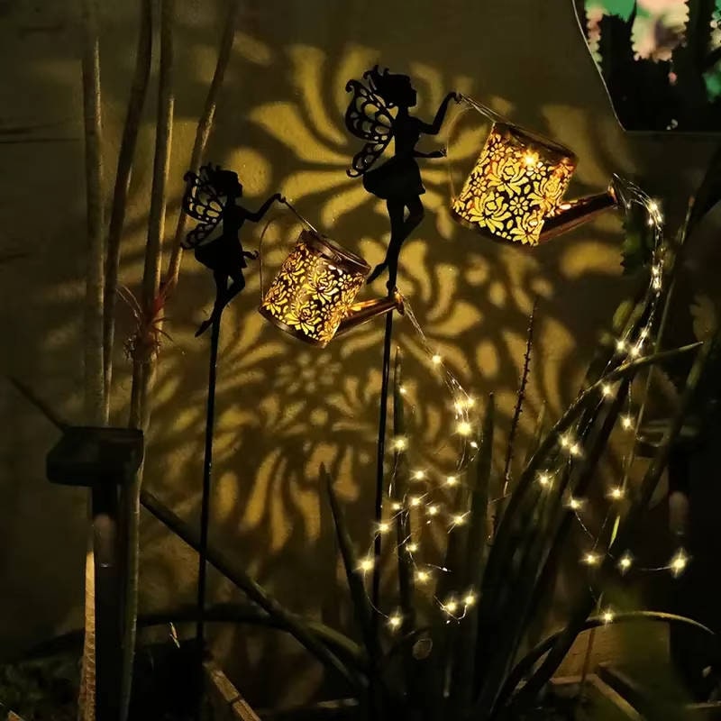 Outdoor Solar Metal Watering Can Garden Light, Cascading Copper LED String