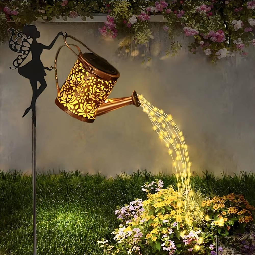 Outdoor Solar Metal Watering Can Garden Light, Cascading Copper LED String