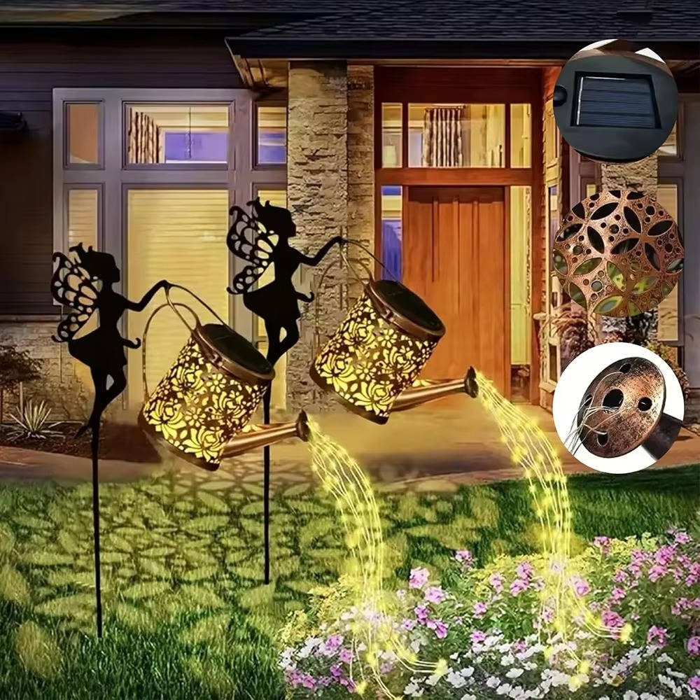 Outdoor Solar Metal Watering Can Garden Light, Cascading Copper LED String