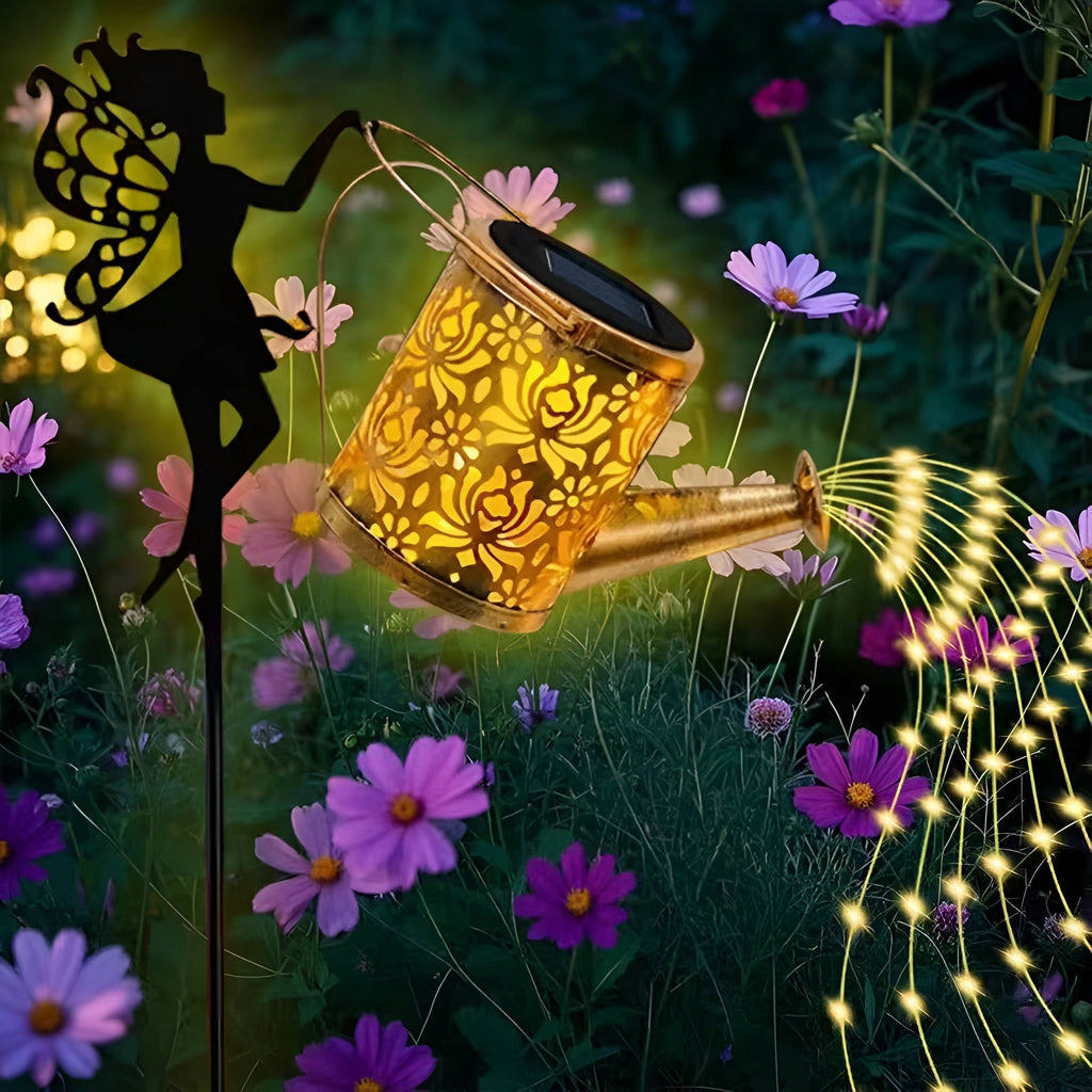 Outdoor Solar Metal Watering Can Garden Light, Cascading Copper LED String