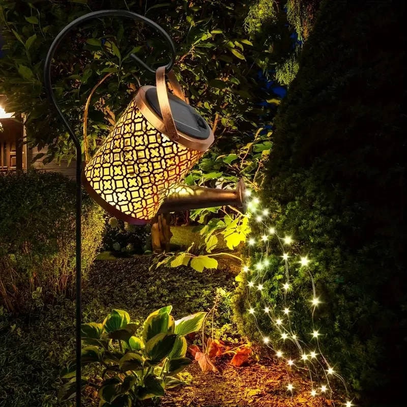 Outdoor Solar Metal Watering Can Garden Light, Cascading Copper LED String