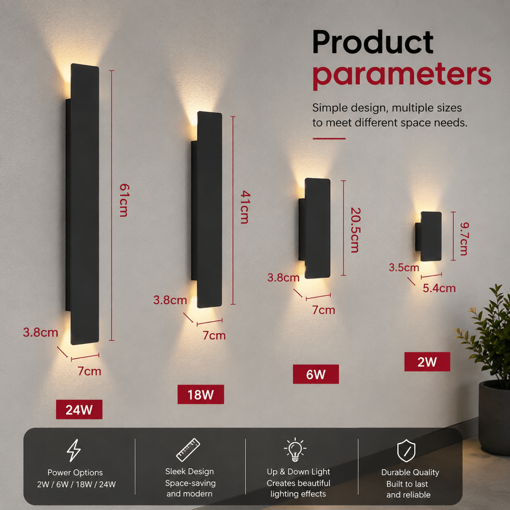 Moderne rektangulær LED-vegglampe — slank profil med lys oppover og nedover
