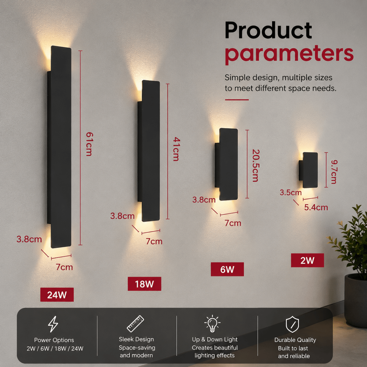 Modern, téglalap alakú LED-es fali lámpa — karcsú kialakítás, felfelé és lefelé irányuló világítás