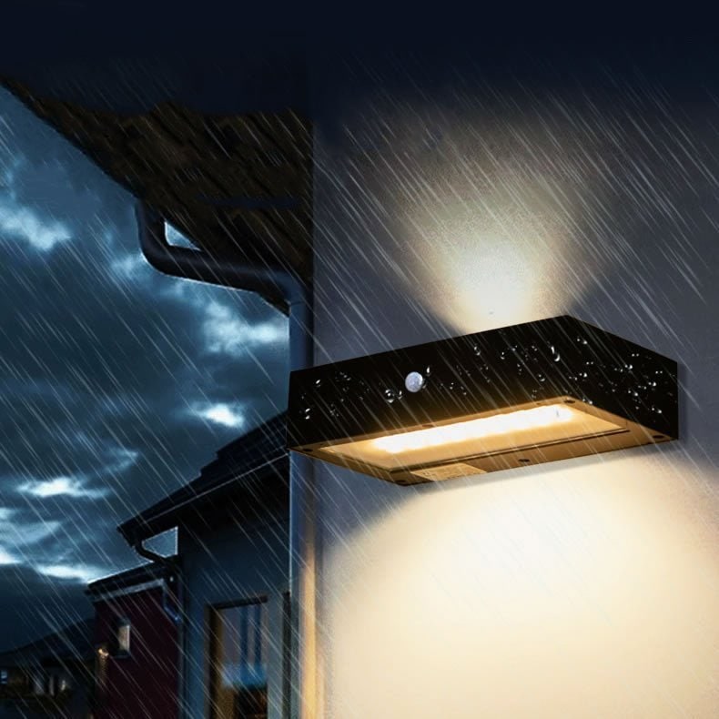 Modern matt fekete fali lámpa, kétirányú felfelé és lefelé világító LED-del, mozgásérzékelővel