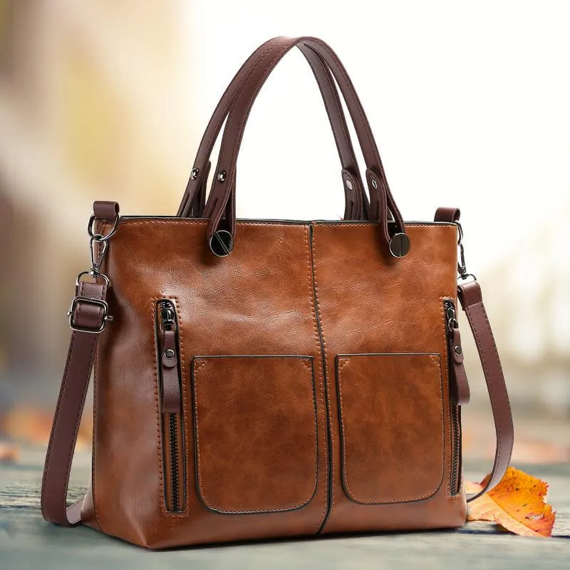 Stylish Leather Tote Bag Featuring Functional Front Pockets | ribuella