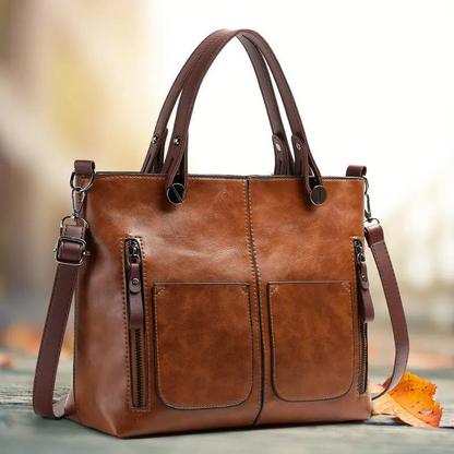 Stylish Leather Tote Bag Featuring Functional Front Pockets | ribuella