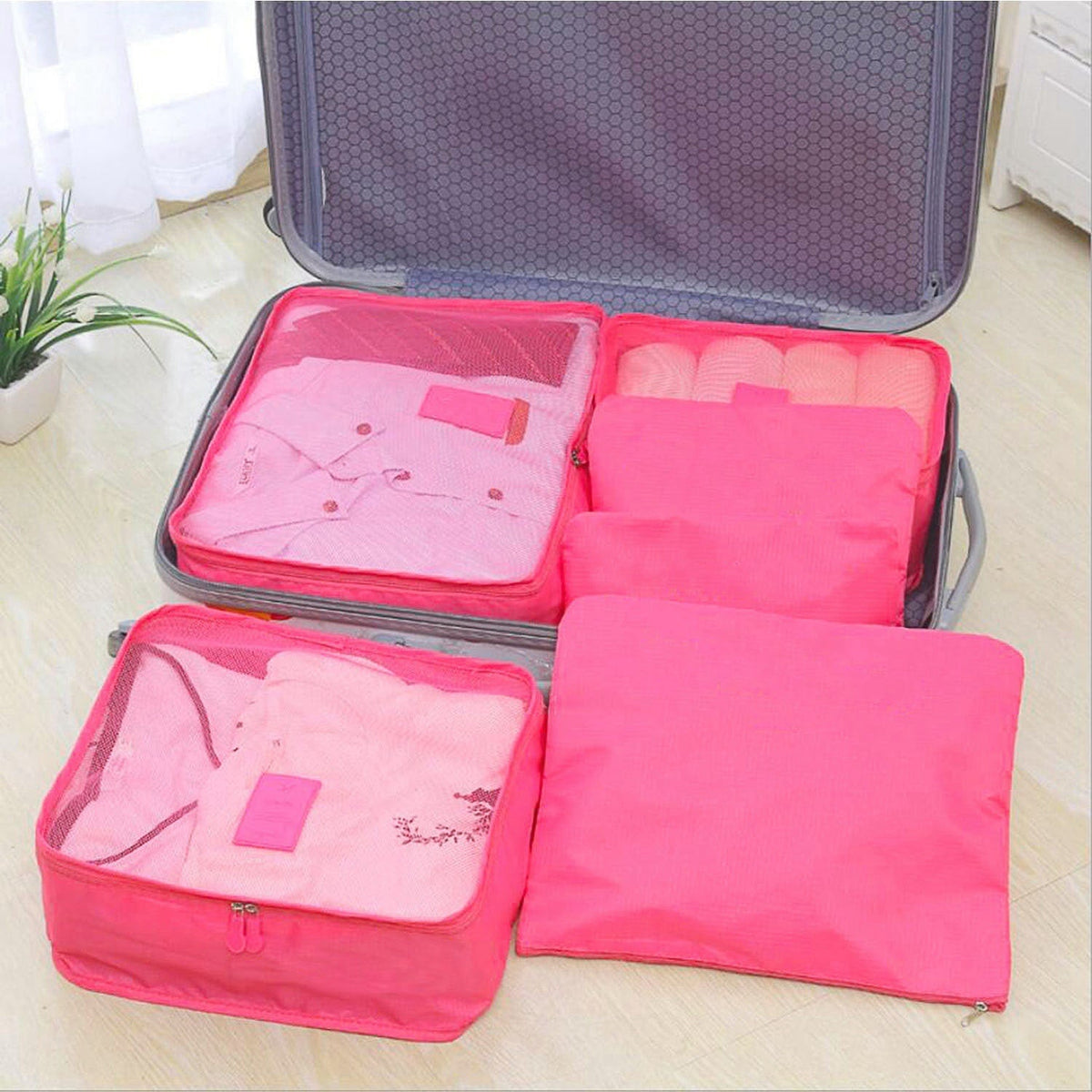 Set van 6 packing cubes en compressiezakken: oplopende maten, zakken met meerdere compartimenten