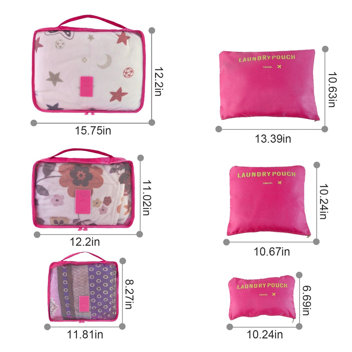 Set van 6 packing cubes en compressiezakken: oplopende maten, zakken met meerdere compartimenten