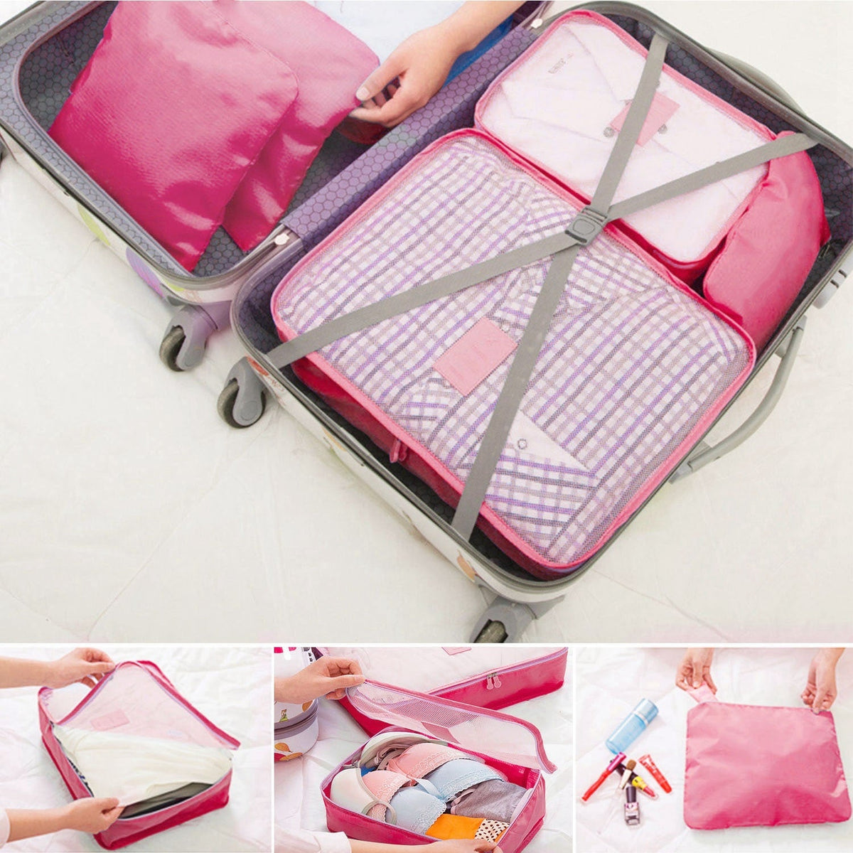 Set van 6 packing cubes en compressiezakken: oplopende maten, zakken met meerdere compartimenten
