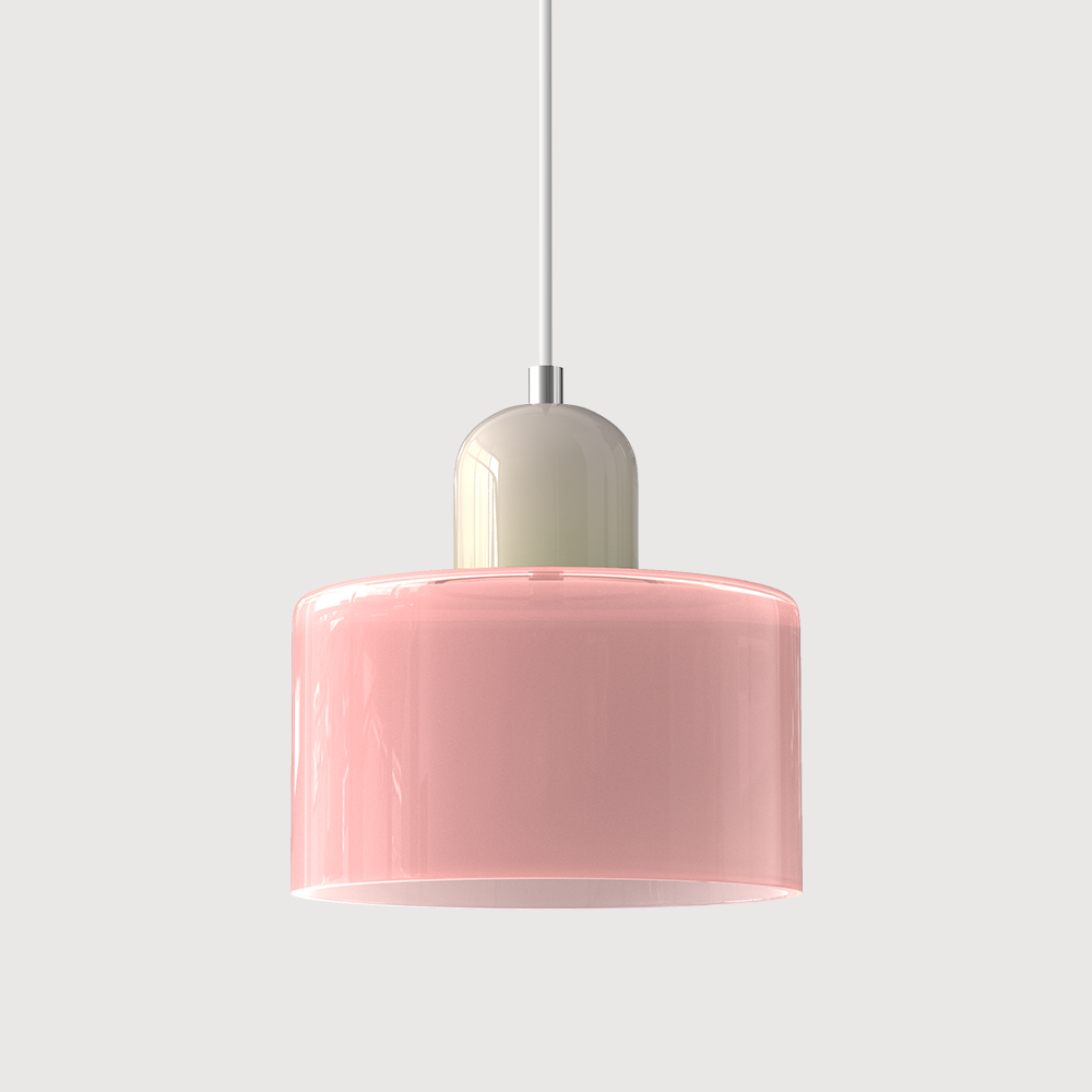 Pendellampe i mid-century-modern stil med to lag matteret glasskærm og varm, diffust lys