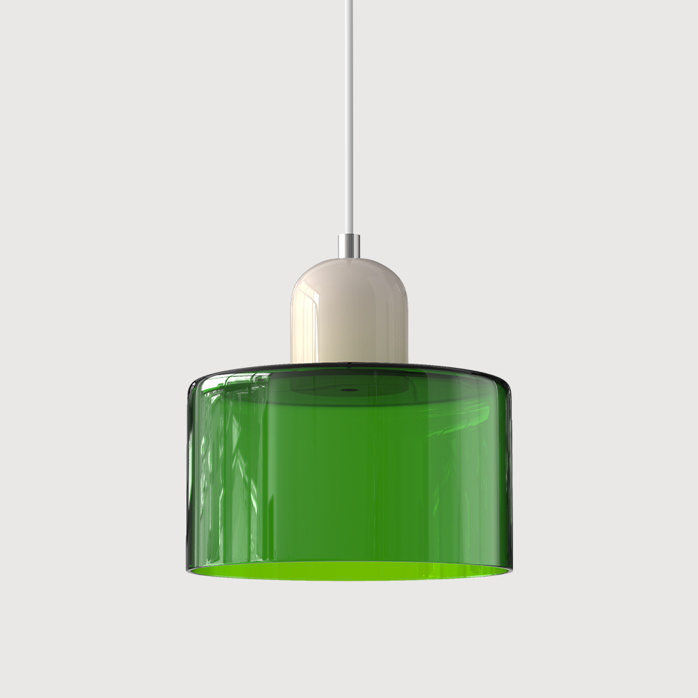 Pendellampe i mid-century-modern stil med to lag matteret glasskærm og varm, diffust lys