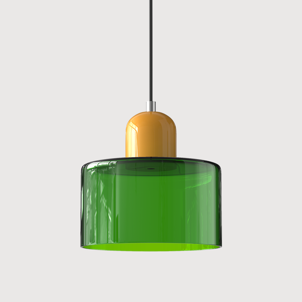 Pendellampe i mid-century-modern stil med to lag matteret glasskærm og varm, diffust lys