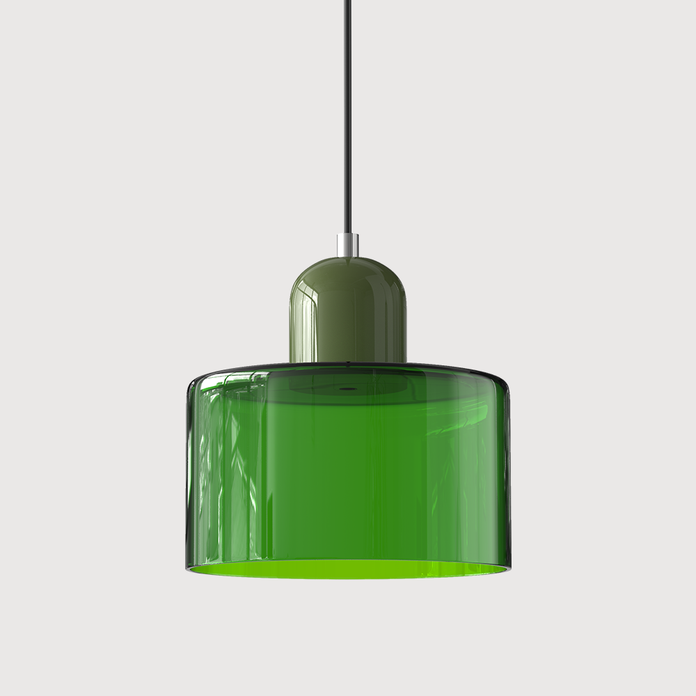 Pendellampe i mid-century-modern stil med to lag matteret glasskærm og varm, diffust lys