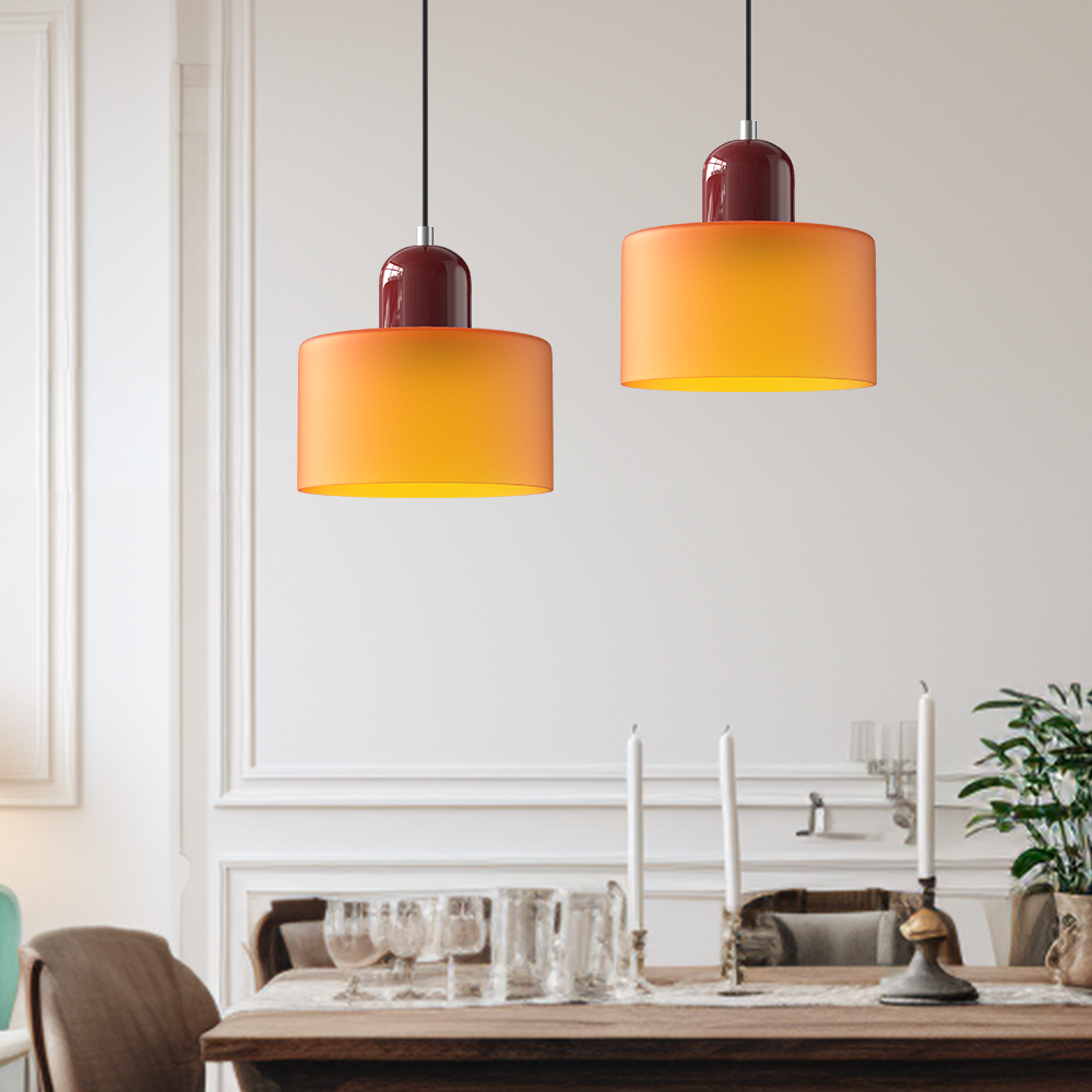 Nowoczesna lampa wisząca w stylu mid-century - dwupoziomowy klosz z matowego szkła, ciepłe białe rozproszone światło